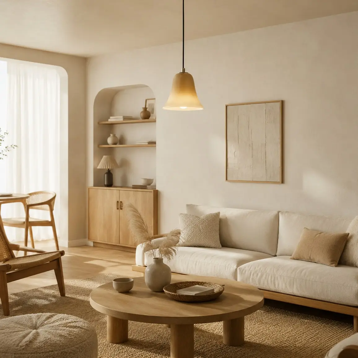 Latte Beige pendant light in a warm natural living room